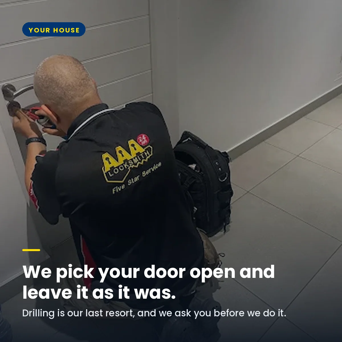 An AAA locksmith opening a residential front door without damage