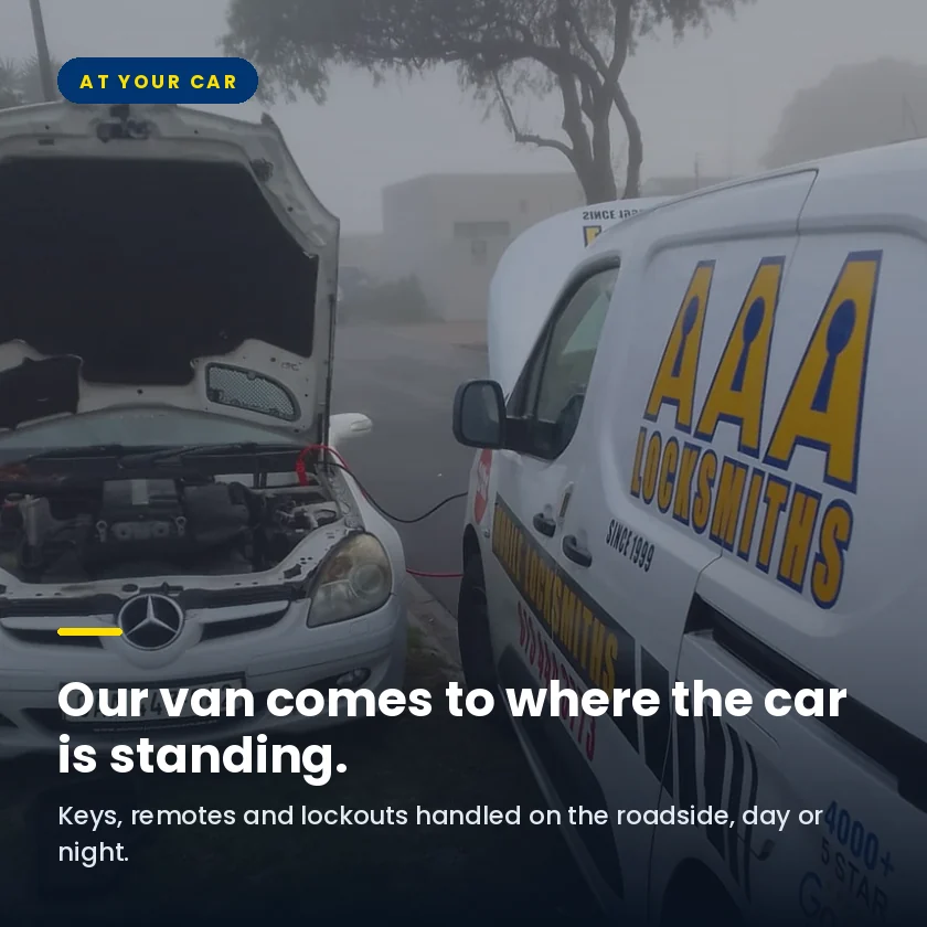 An AAA Locksmiths van alongside a customer car on a callout in Cape Town