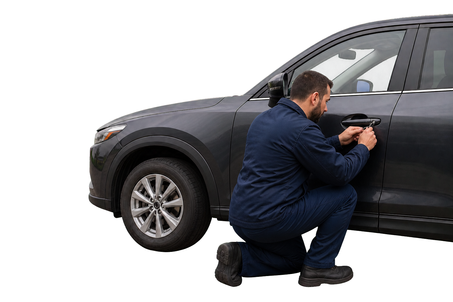 Vehicle locksmith working on the door lock of a dark car